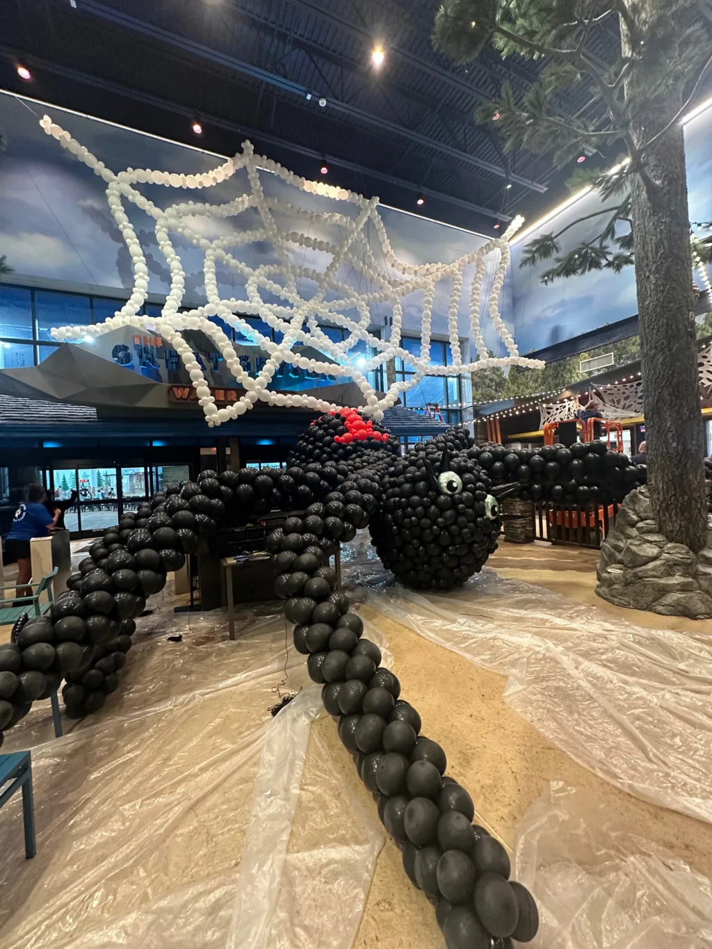40-foot black balloon spider with red accents and large balloon web suspended from the ceiling, custom Halloween balloon installation in St. Louis.