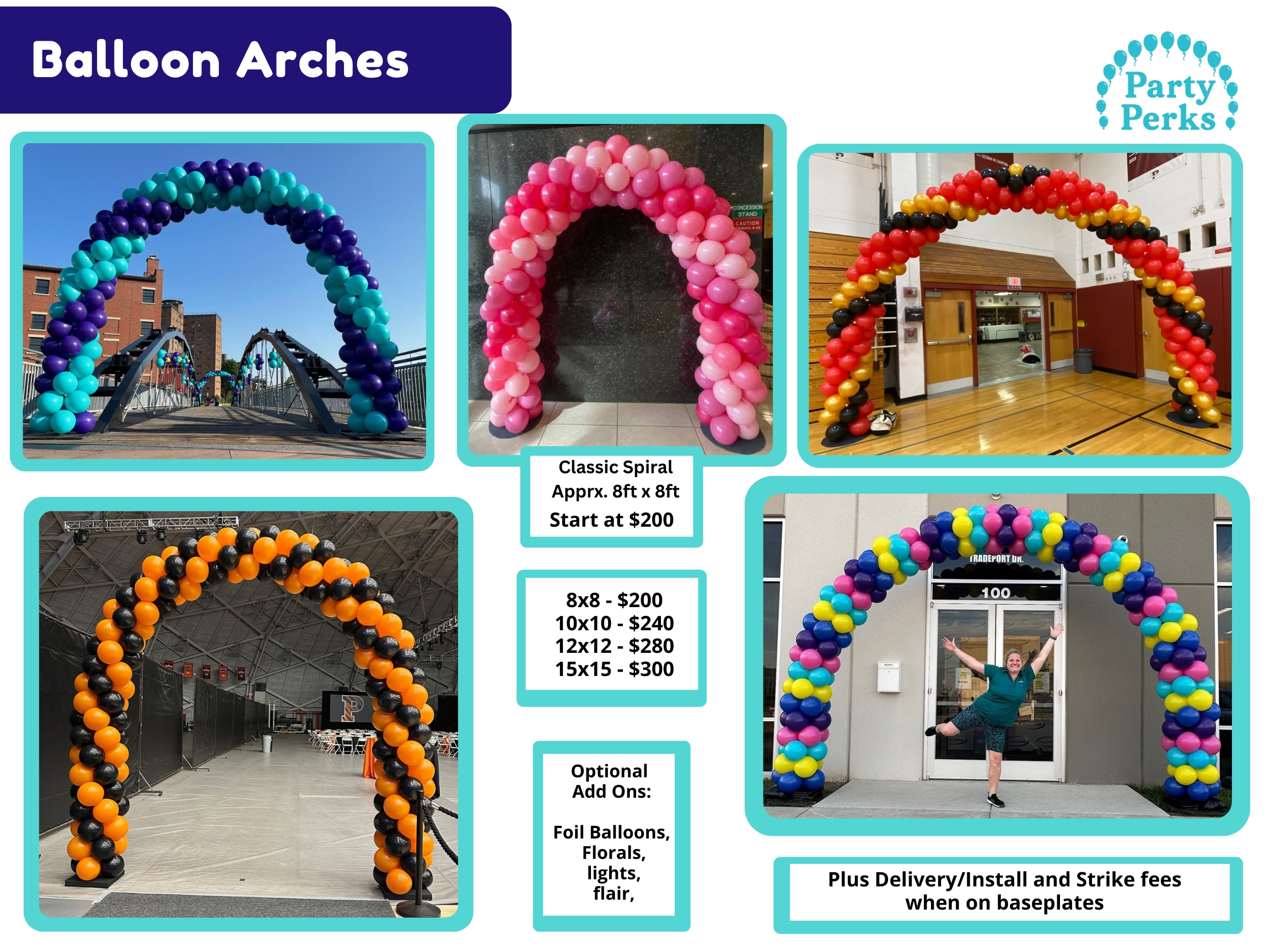 Arches Menu 2025 Balloon arches menu by Party Perks STL showing classic spiral arches in multiple colors and sizes, with pricing for custom balloon arch designs for st louis and st charles