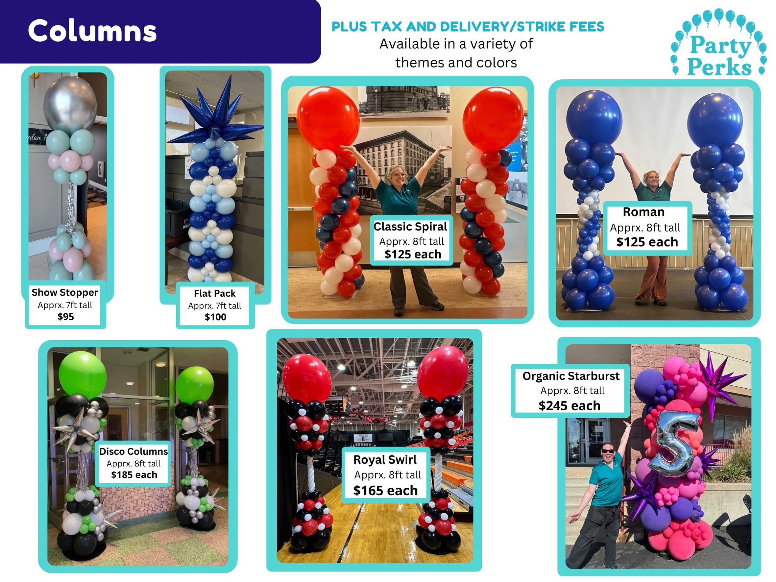 Columns Menu 2025 (2) Balloon columns menu by Party Perks STL showing pricing and styles including Show Stopper, Flat Pack, Classic Spiral, Roman, Disco Columns, Royal Swirl, and Organic Starburst showing all the different balloon towers