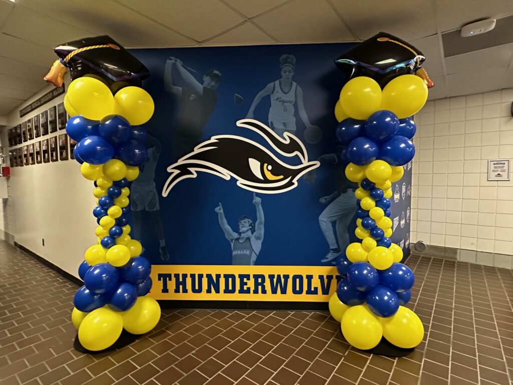 Pair of blue and yellow spiral graduation balloon columns with large cap toppers installed in front of a Thunderwolves sports backdrop.