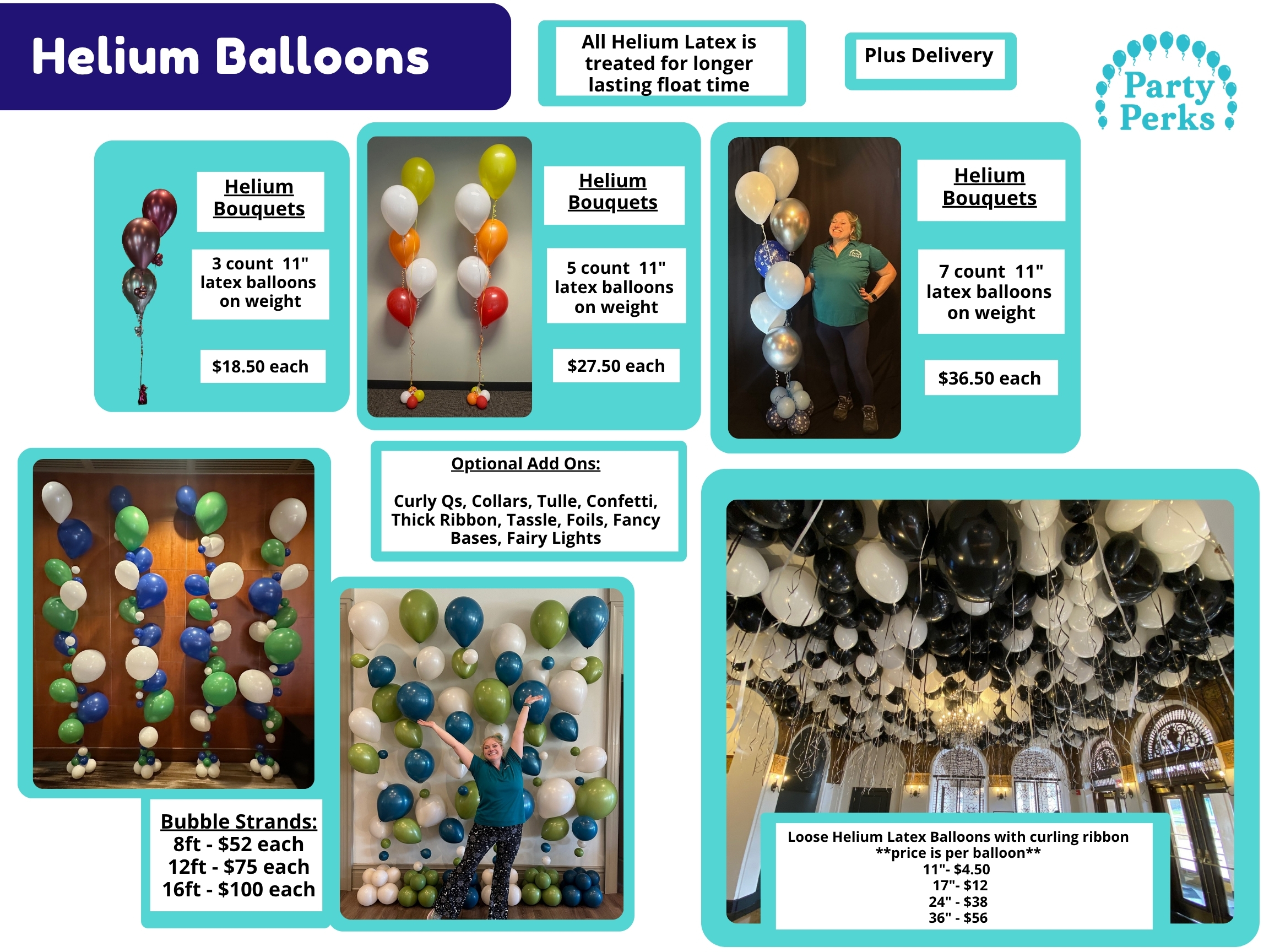 Helium balloons menu by Party Perks STL showing 3-count, 5-count, and 7-count balloon bouquets, bubble strands, loose ceiling balloons, and pricing for custom helium décor for St Louis and St Charles areas