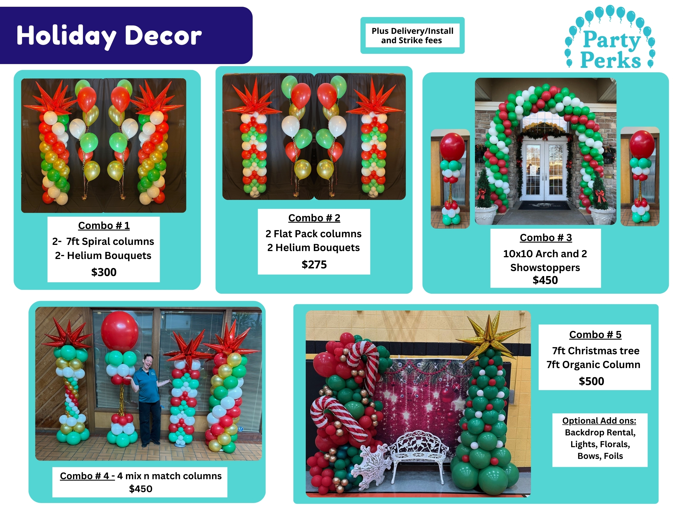 Holiday Menu 2025 Holiday balloon décor packages by Party Perks STL featuring spiral balloon columns, flat pack columns, helium bouquets, a 10x10 Christmas balloon arch, organic balloon Christmas tree, and mix-and-match holiday balloon columns in red, green, white, and gold.
