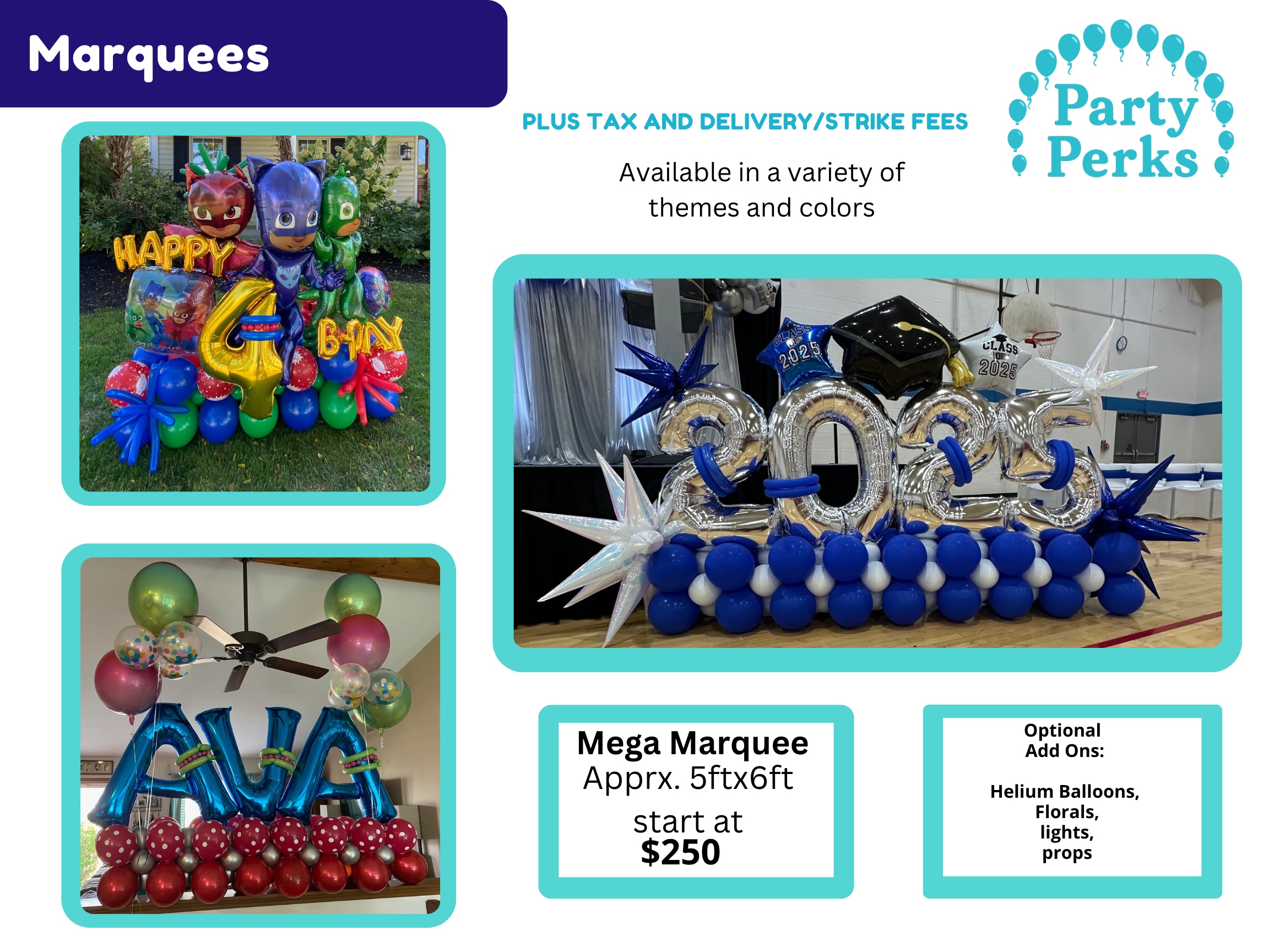 Marquee Menu 2025 Balloon marquees menu by Party Perks STL showing themed balloon displays including birthday, graduation, and custom name designs with pricing.