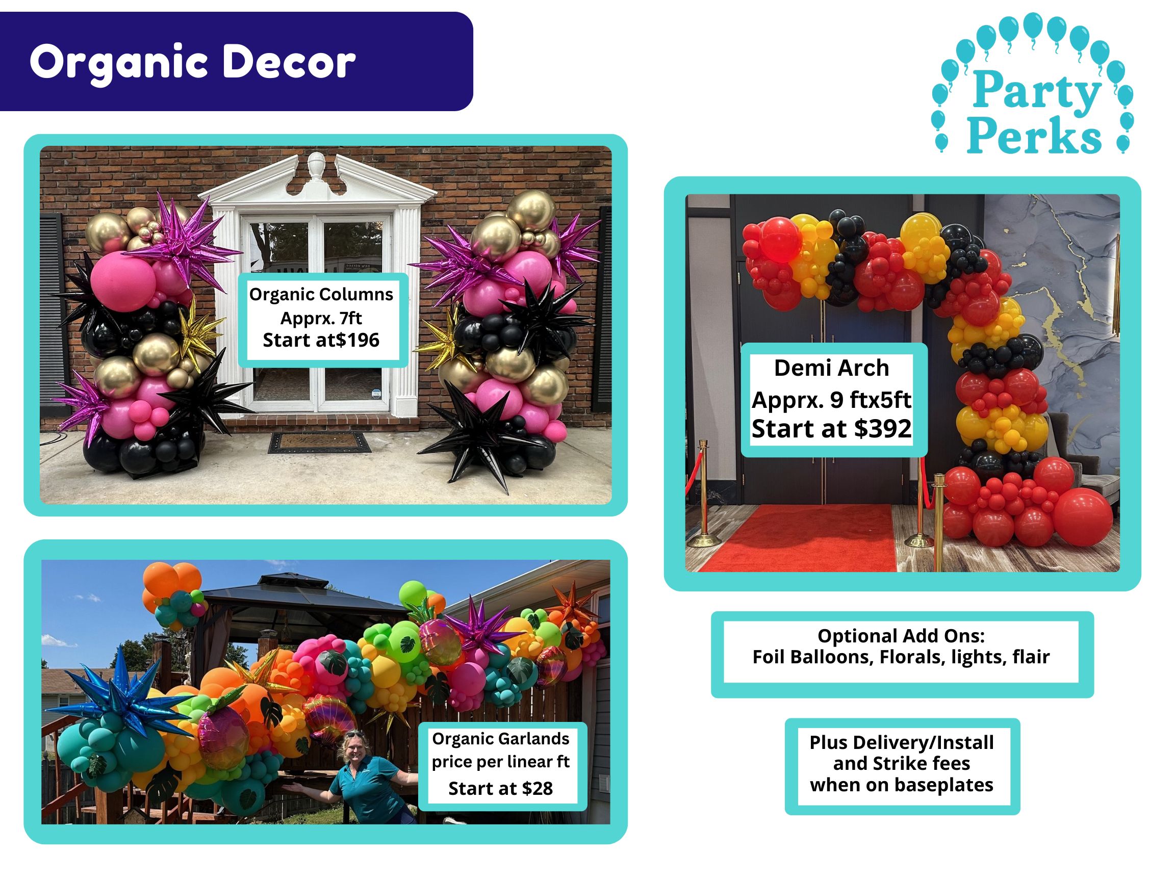 Organic Menu 2025 Organic balloon décor menu by Party Perks STL showing pricing and examples for organic columns, garlands, and demi arches in custom colors offered to greater St Louis and St Charles, MO areas