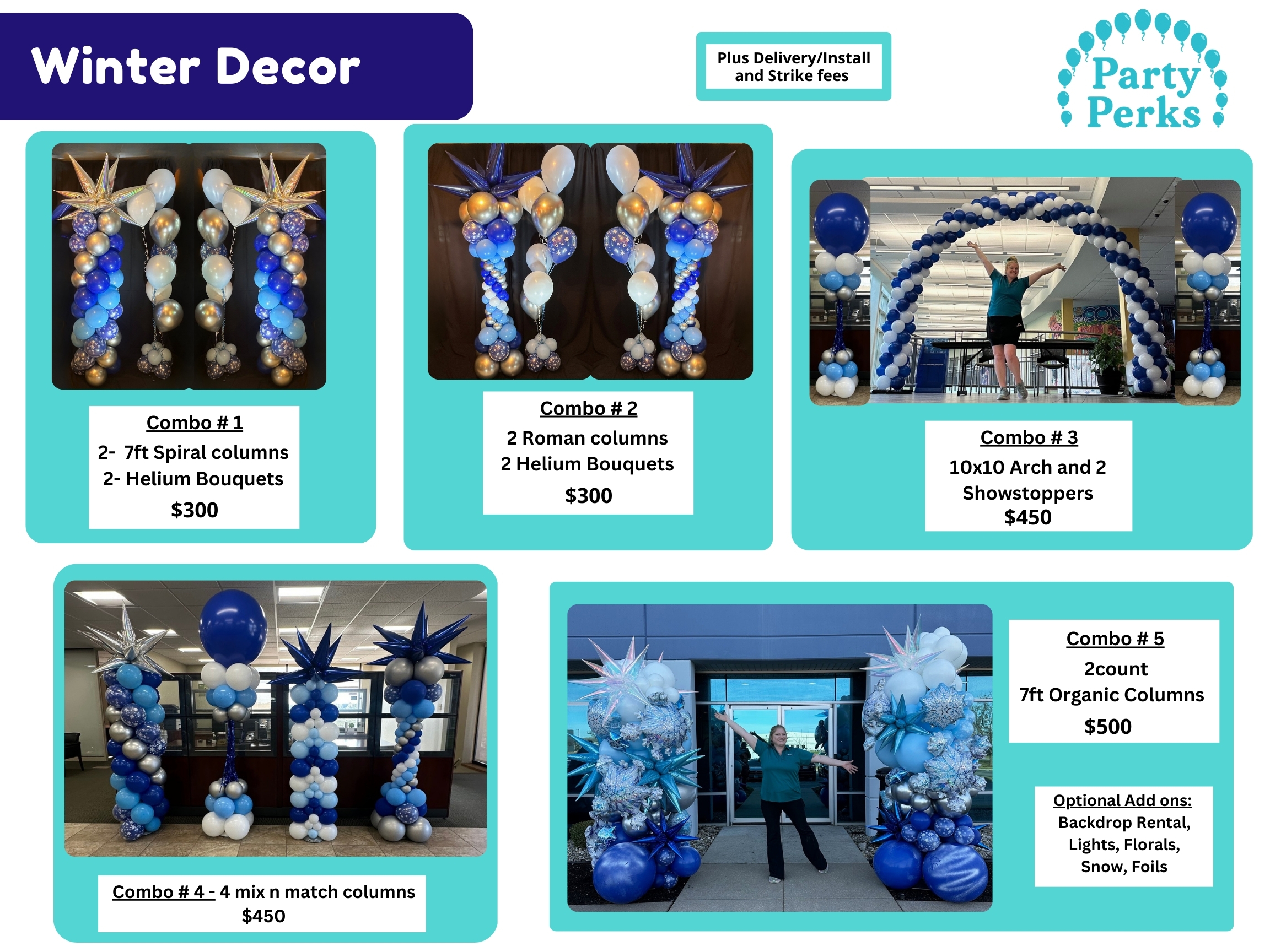 Winter balloon décor menu by Party Perks STL featuring spiral balloon columns, Roman balloon columns, a 10x10 winter balloon arch, mix-and-match blue and white balloon columns, and 7ft organic winter balloon columns with add-on options like backdrops, lights, florals, snow, and foils