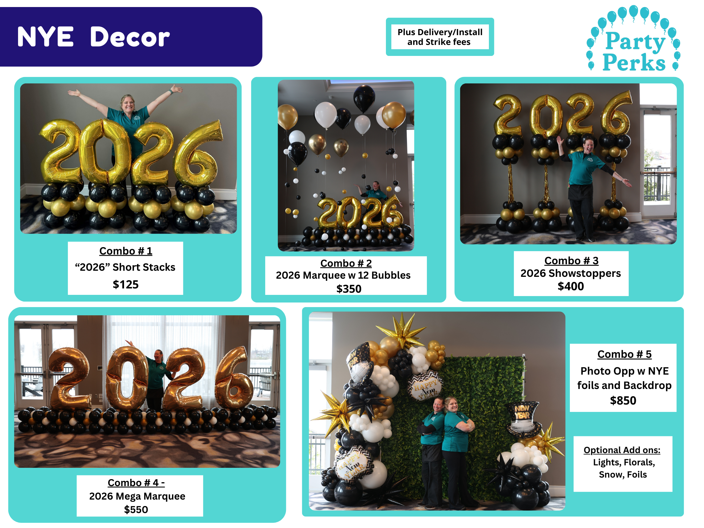NYE Decor Menu 2026 New Year’s Eve balloon décor menu by Party Perks STL featuring 2026 balloon marquee options, balloon short stacks, balloon columns, NYE photo opps, and NYE photo backdrop with organic balloons in black, gold, and white. St. Louis NYE balloon decorations and pricing