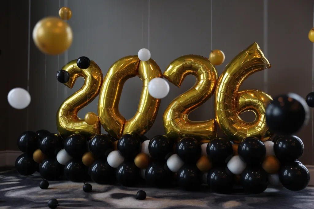 2026 balloon marquee with floating helium bubble balloons in black, white, and gold for New Year’s Eve décor in St. Louis