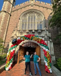 First Generation Graduation balloon arch installed at a university campus entrance in St. Louis featuring custom 2025 balloon decor.